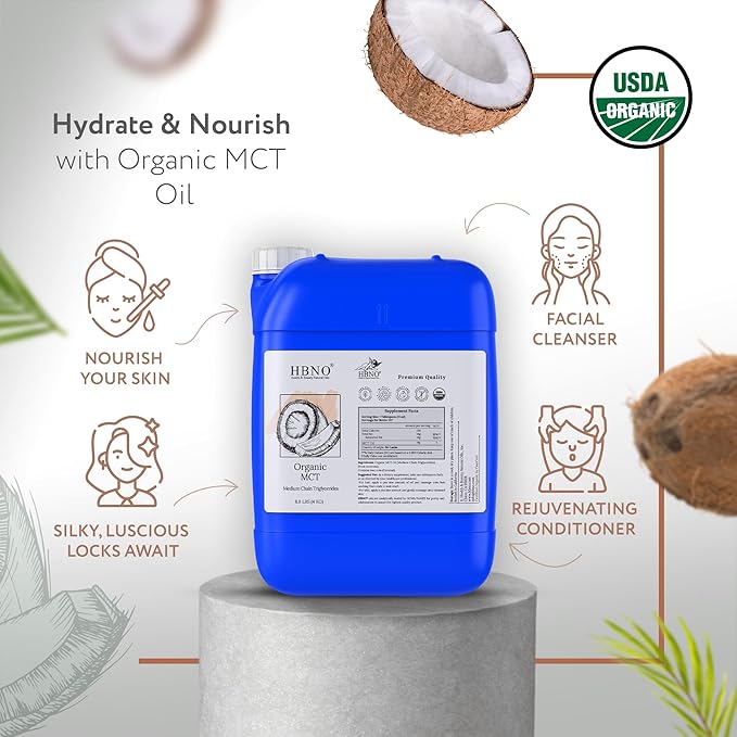 HBNO Organic MCT Oil - 8.8 lbs (4kg) - Ideal for Salad dressings Lip balms Face wash Lotions Skincare and hair care products.