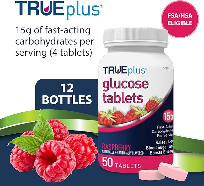TRUEplus Glucose Tablets Chewable Raspberry Flavor 15g Fast-Acting Carbohydrates Fat Free Gluten Free Raise Low Blood Sugar and Boost Energy 50 Count 12 Bottles