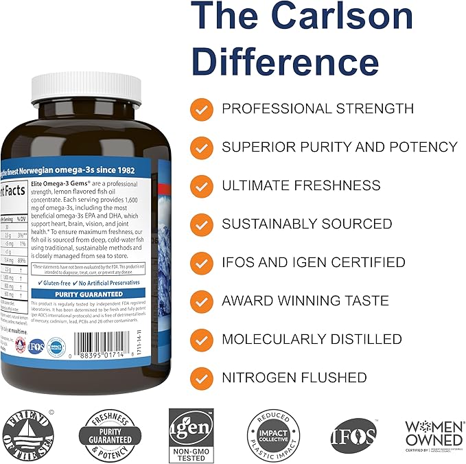 Carlson - Elite Omega-3 Gems 1600 mg Omega-3 Fatty Acids Including EPA and DHA Norwegian Fish Oil Supplement Wild Caught Sustainably Sourced Fish Oil Capsules Lemon 90+30 Softgels