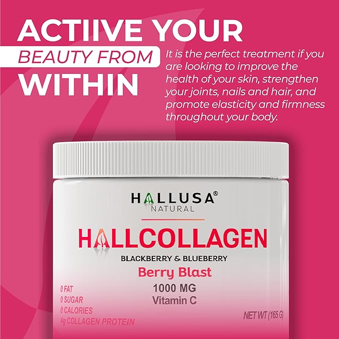 Hallusa Natural Hydrolyzed Collagen Powder (Type I III) 4000mg + 1000mg Vitamin C 5.82 oz (30 Servings) Healthy Hair Skin Nails Bone &amp Joint Support BlackBerry &amp Blueberry Flavor