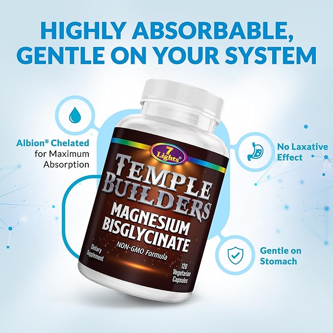 Magnesium Bisglycinate 200mg – High Absorption Gentle on Stomach – Chelated Magnesium Glycinate for Sleep Stress Muscle Relaxation &amp Heart Health – Non-GMO Vegan 120 Capsules – 7 Lights Nutri