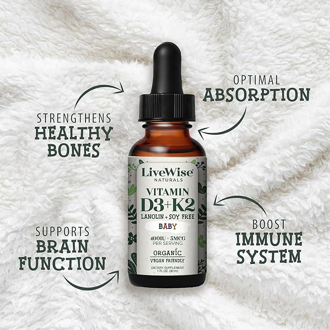 Live Wise Naturals Organic Vitamin D3 K2 Liquid Drops for Babies Concentrated Formulation 225 Servings (MK-7) Micro-Dose Dropper Gentle Daily Supplementation Early Development Precise Dosing