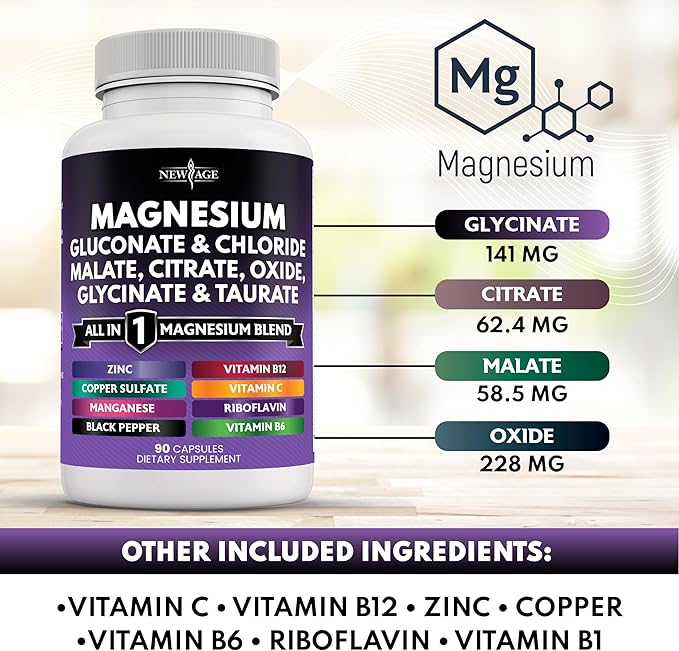 NEW AGE Magnesium Supplement -Powerful Glycinate Citrate Malate Oxide Taurate Aspartate Gluconate Orotate &amp Mag Chloride Manganese Joint Support- 180 Count