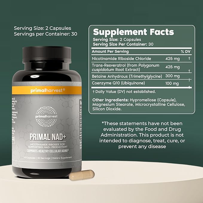Primal Harvest NAD+ Supplement: Nicotinamide Riboside Trans-Resveratrol Betaine CoQ10 NAD Supplements for Cellular Health Energy and Mitochondrial Support