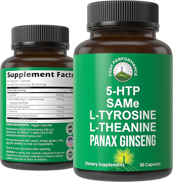 Peak Performance Mood Support Supplement with 5 Top Ingredients: 5HTP SAM e L Tyrosine L Theanine and Panax Ginseng. Calm Focus Relaxation Supplements. Vegan