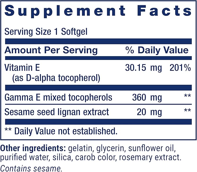 Life Extension Gamma E Mixed Tocopherols Healthy Aging Vitamin E Supplement Enhanced with Sesame lignans Gluten-Free Non-GMO 60 softgels