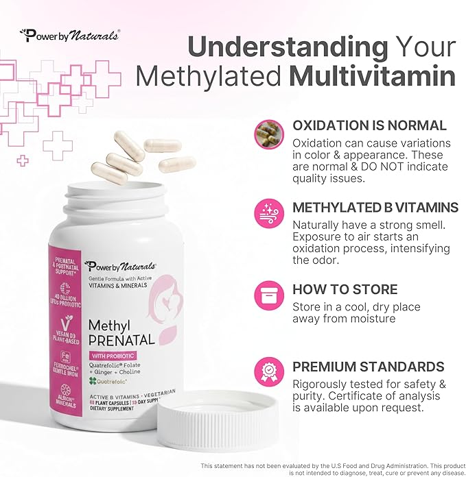 Power By Naturals Methyl Prenatal with Probiotics – Prenatal Vitamins for Women with Iron Methyl Folate B12 &amp 28 Nutrients &amp Botanicals – Vegan Non-GMO Gluten-Free – 60 Capsules (1-Month S