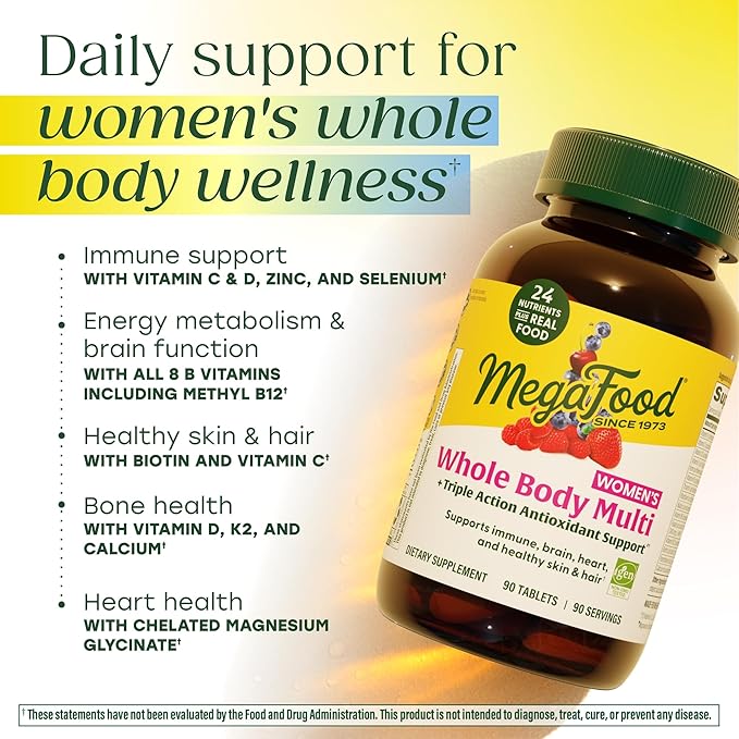MegaFood Whole Body Methylated Multivitamin for Women - Womens Multivitamin with Magnesium Glycinate Biotin &amp Methylcobalamin B12 Vitamins - Daily Energy &amp Immune Support - 90 Tablets 90 Ser