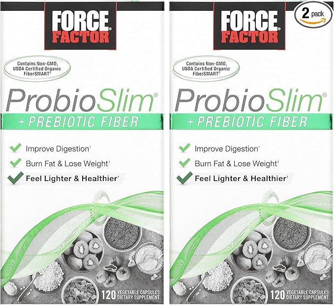 Force Factor ProbioSlim + Prebiotic Fiber Weight Loss Supplement for Women and Men Probiotic and Prebiotic Digestive Health Support with Green Tea Extract and Psyllium Husk Fiber 120 Capsules