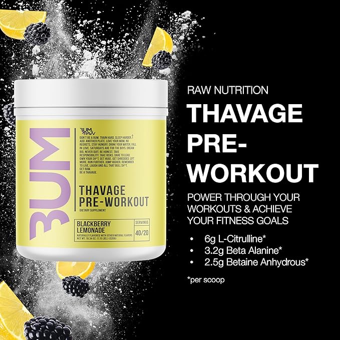 RAW Preworkout Powder Thavage - Chris Bumstead Sports Nutrition Supplement for Men &amp Women - Cbum Pre Workout for Working Out Hydration Mental Focus &amp Energy - 40 Servings