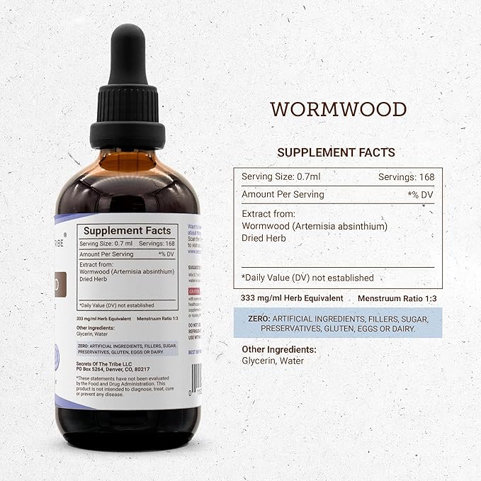 Secrets of the Tribe Wormwood Alcohol-Free Liquid Extract Wormwood (Artemisia Absinthium) Dried Herb (4 FL OZ)
