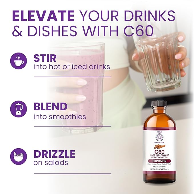 C60 Power Cinnamon Flavored C60 in Organic MCT Coconut Oil - Natural Wellness &amp Antioxidant Support for Men &amp Women 99.99% Pure Sublimated C60 Promotes Energy Clarity &amp Stamina - 8 fl