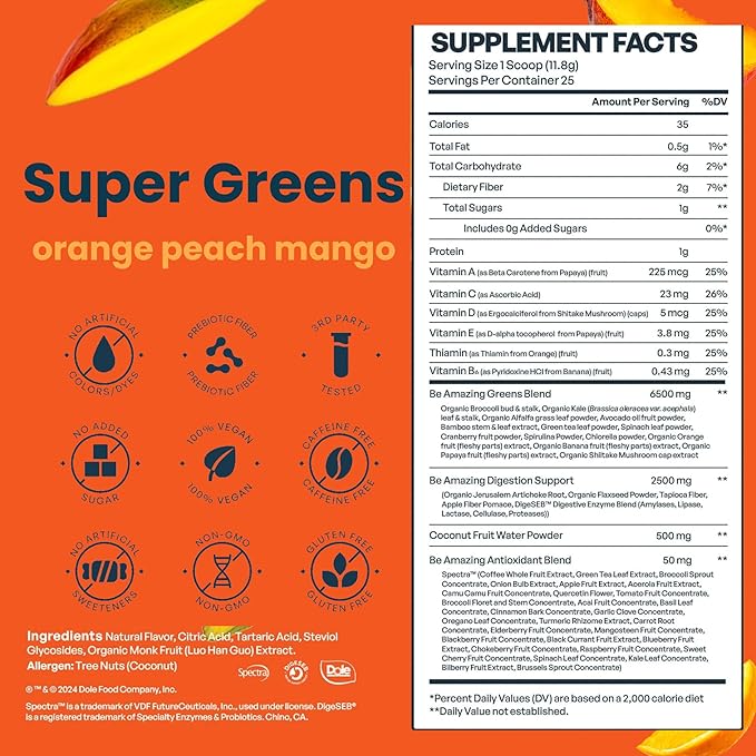 BE AMAZING Super Greens Powder with Prebiotics Digestive Enzymes &amp Antioxidants 35 Fruits &amp Veggies Electrolytes &amp Fiber Vegan Gluten Free Juice &amp Smoothie Mix Dole Orange Peach