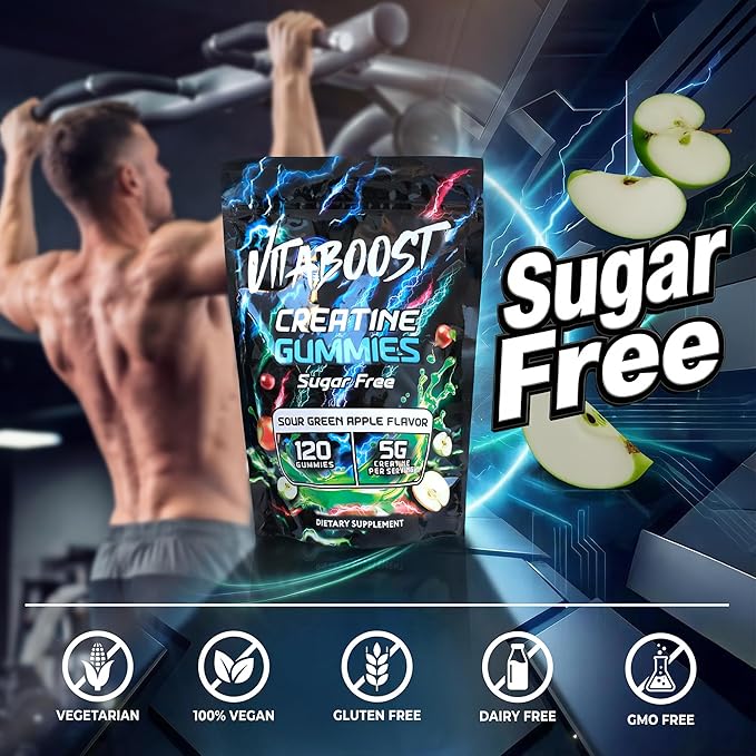 Sugar Free Creatine Monohydrate Gummies – 5g Creatine Per Serving Sour Green Apple Flavor Vegan Low-Calorie No Artificial Colors Made in USA (120 Gummies)