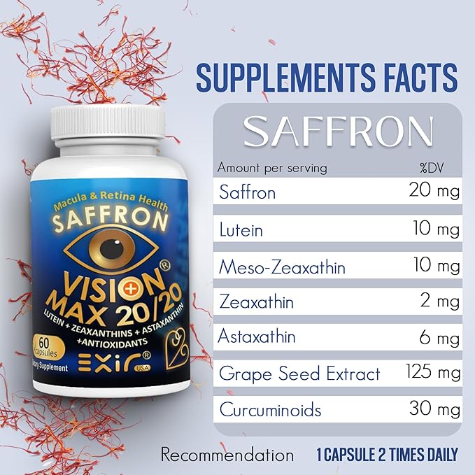 EXIR Eye Vitamin Supplement | Saffron Curcumin Astazanthin - Supports Eye Health Visual Comfort &amp Focus VM20-60 Capsules