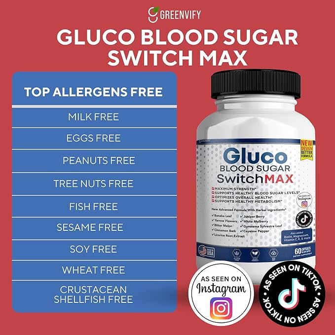 Gluco Blood Sugar Switch Max All Natural Formula to Maintain Healthy Levels Maximum Strength Daily Formula Blood Reviews (1 Pack - 60 Capsules)