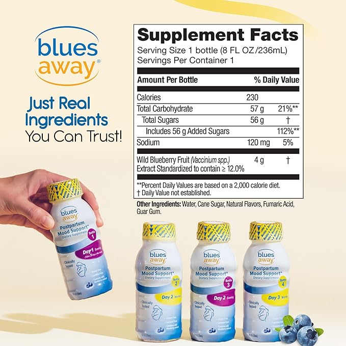 Blues Away Postpartum Mood Support Drink - Breastfeeding Friendly Postnatal Hormone Balance for Women - 3-Day Liquid Dietary Stress Support Shake [4 Bottles]