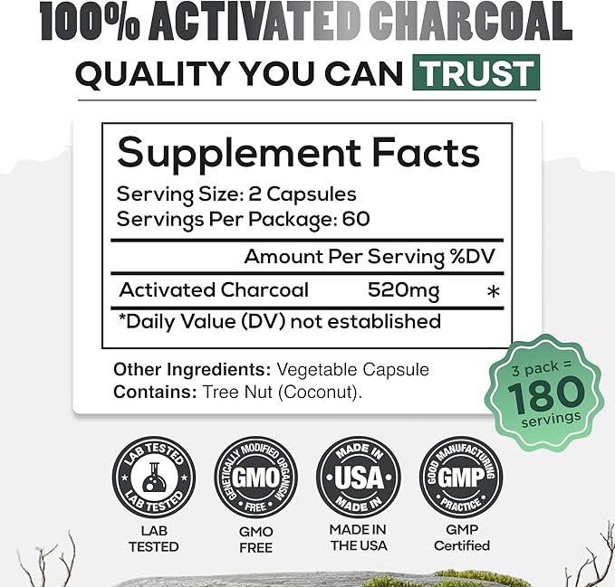 Wild Foods Activated Charcoal Capsules | 100% Organic Coconut Shells Active Tablets | Lab Tested &amp Non-GMO Detox Pills | USA (Three Bottles - 120 Capsules)
