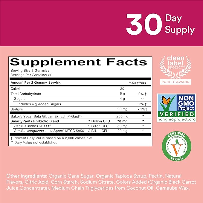 SmartyPants Adult Probiotic &amp Prebiotic Gummies for Digestive Health: Gut Health Supplement Clinically Studied Prebiotic for Immune Support Strawberry 60 Count (30 Day Supply) (Pack of 2)