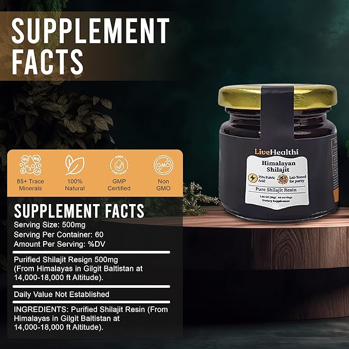 Himalayan Shilajit Resin - 75 Servings for Energy Boost &amp Immune Support – Organic Shilajit Contains 85+ Trace Minerals and 75percent+ Fulvic Acid with Lab Test Report (30g)