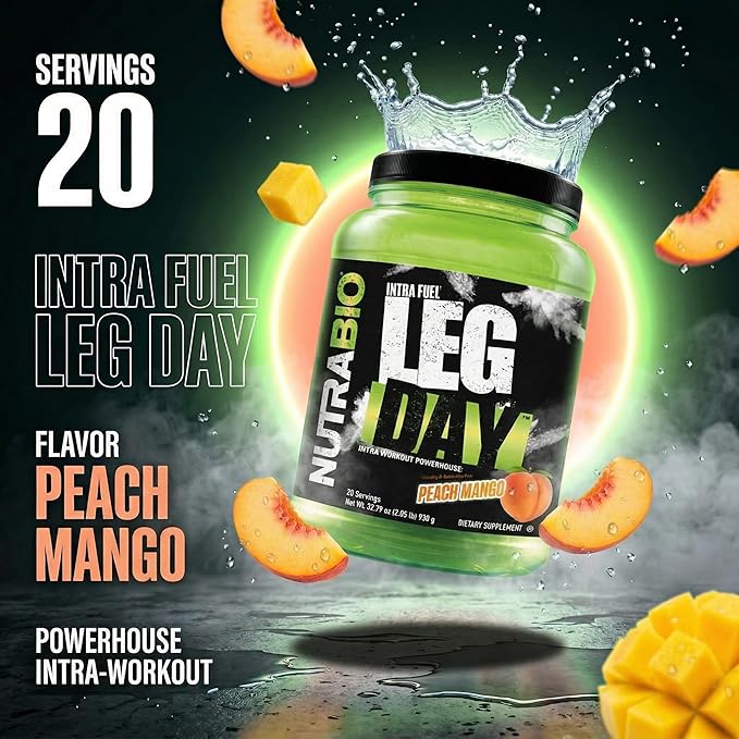 NutraBio Leg Day Intra Workout Powder - Advanced Carb Supplement with Cluster Dextrin &amp Electrolytes - Carb Powder with EAAs/BCAAs - Cyclic Dextrin for Performance - Peach Mango - 20 Servings