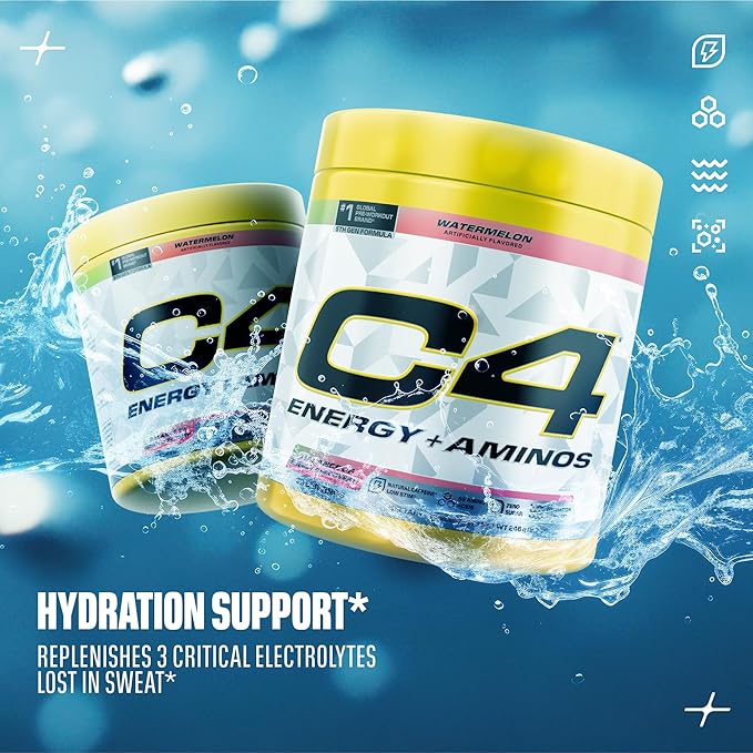 Cellucor C4 Energy + Aminos Powder 5g BCAAs &amp EAAs for Muscle Recovery 3 Electrolytes for Hydration 100mg Natural Caffeine Pre Workout Zero Sugar 30 Servings Watermelon