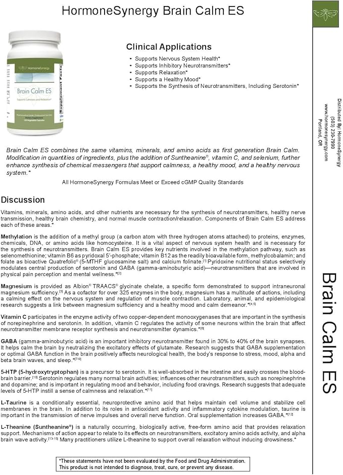 HormoneSynergy RetzlerRx® Brain Calm ES - Ultimate Support for Calmness &amp Relaxation - L-Theanine (Suntheanine®) - TRAACS® Albion® Chelated Minerals - GABA - 5-HTP - L-Taurine - 120 V-Caps
