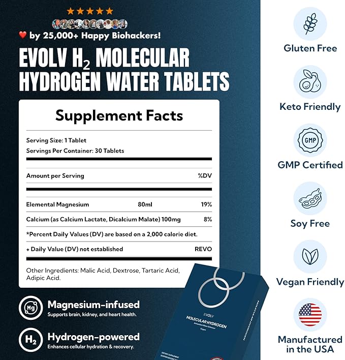 EVOLV Hydrogen Water Tablets – 12 PPM Molecular Hydrogen for Hydrogen-Rich Drinking Water - Powerful Antioxidant Support Boost Hydration &amp Immunity with Elemental Magnesium &amp Calcium - 30 Tab