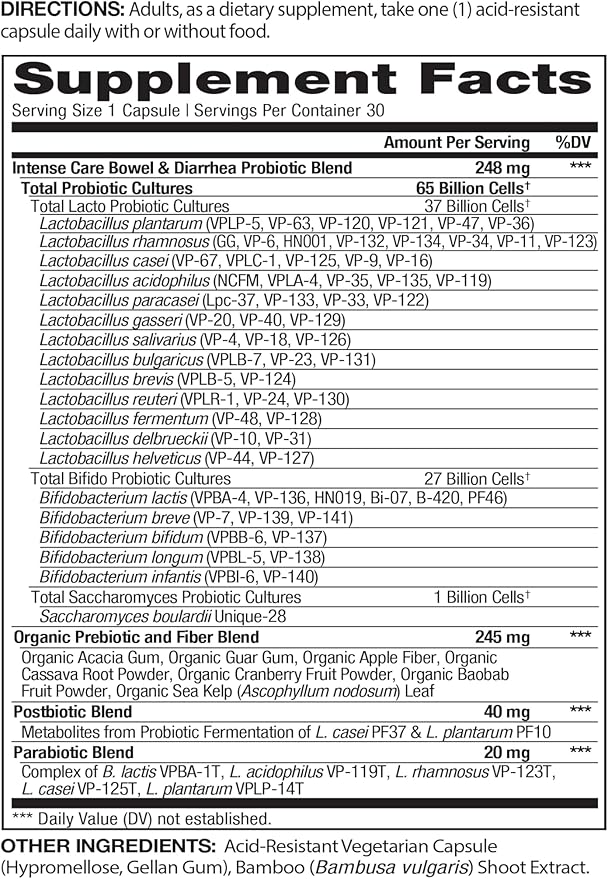 Vital Pro Naturals - Bowel and Diarrhea Probiotics + Prebiotics Postbiotics Parabiotics Health Supplement for Adults High Potency with 65 Billion CFU 64 Strains Supports Intestinal Health 30 ct