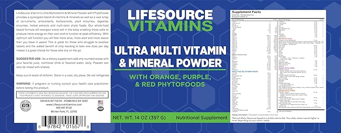 LifeSource Vitamins Ultra Multi Vitamin &amp Mineral Powder w/Phytos Reds Phyto Purples and Phyto Oranges - 30 Day Supply