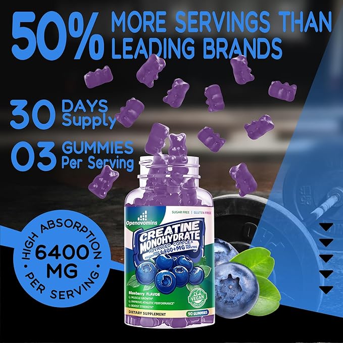 Creatine Monohydrate Gummies Complex for Men &amp Women -Advanced Formula W/L-Taurine + Vitamin B12 Sugar Free Chewable Supplement180 Blueberry Gummies 2pack
