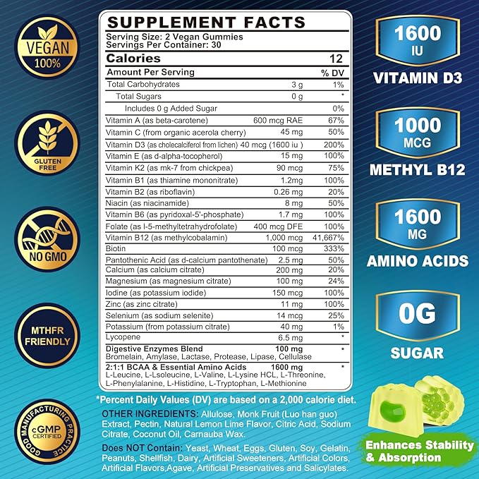 Methylated Multivitamin for Men Gummies BCAA Amino Acids Zinc Daily Vitamin A C D3 E K2 B Complex Calcium Magnesium Lycopene Digestive Enzymes - Energy Immune Muscle- Sugar Free Vegan 60Cts