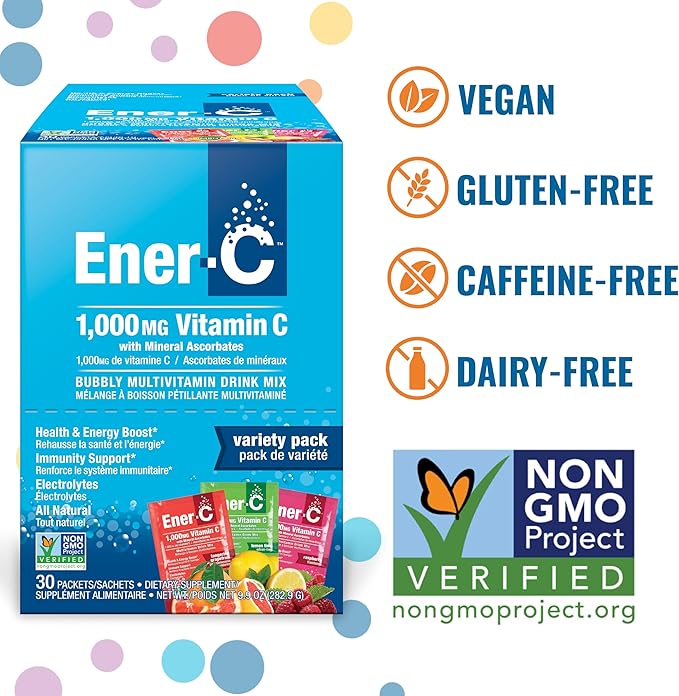 Ener-C Multivitamin Drink Mix - Vitamin Packets for Water Electrolytes Powder Packets Vitamin Drink Mix Hydration Liquid Mix Immune Booster for Adults Healthy Energy - Variety Pack 60 Count