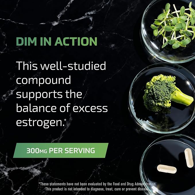 DIM Supplement for Men 300mg | Estrogen Blocker &amp Aromatase Inhibitor | Extra Strength Men’s Hormone Balance &amp Fitness Booster with Diindolylmethane Plus CDG &amp Broccoli Floret | Gluten-Fre
