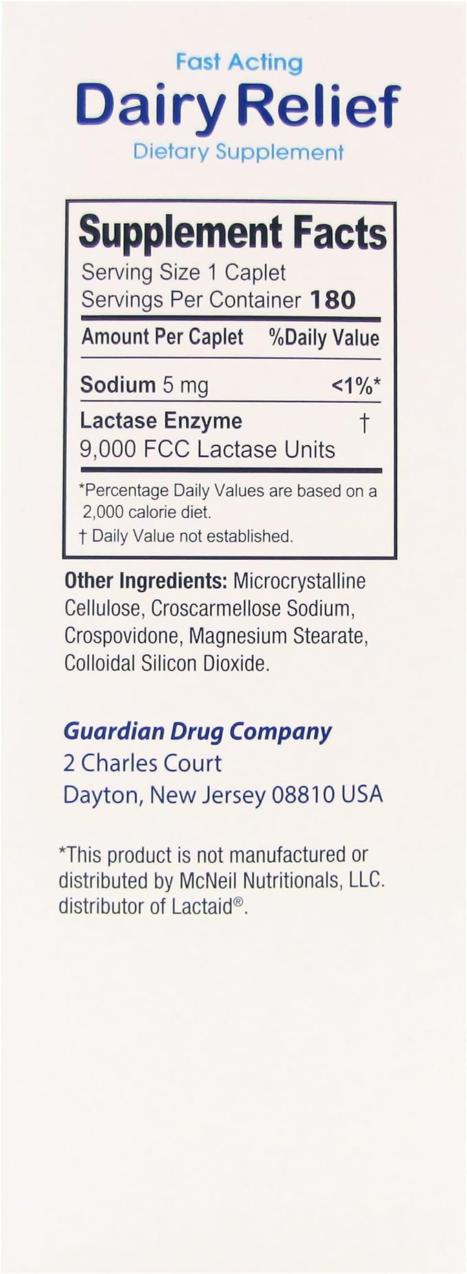 guardian Dairy Relief Fast Acting Lactase 360 Caplets 9000 FCC Maximum Strength Lactose Intolerance Pills Lactase Enzyme Supplement (360 CT)
