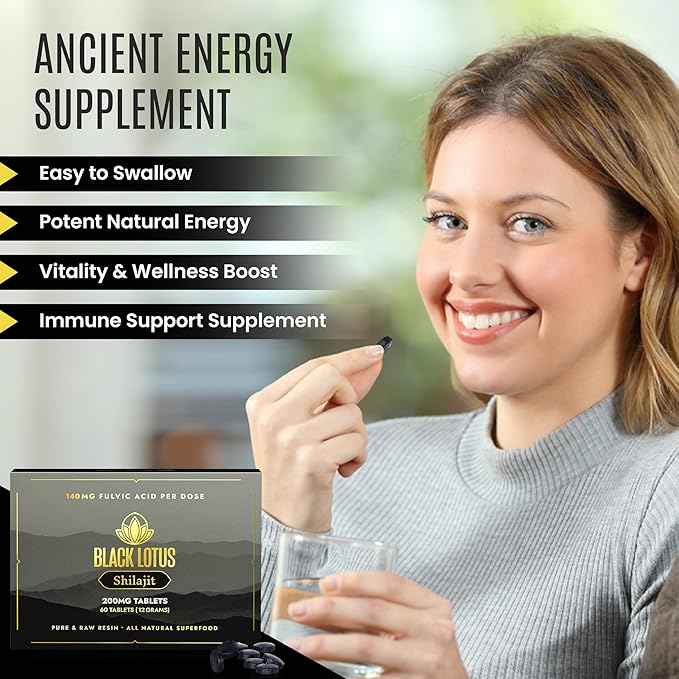 Black Lotus Shilajit Resin Tablets 60 Count 200mg Each 100% Pure Natural Shilajit for Men &amp Women with Amino Acids 140mg Fulvic Acid 85 Ionic Trace Minerals for Immune Support Focus Energy