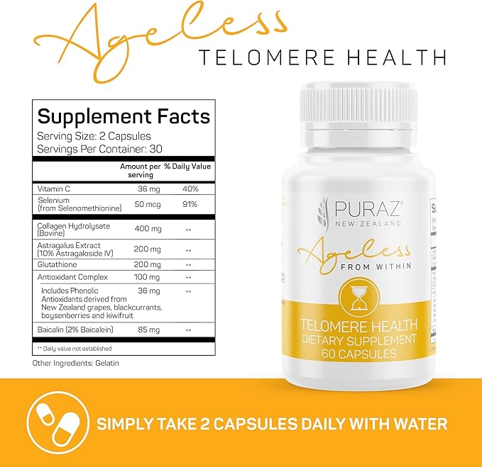 Telomere Supplements with Potent Astragalus Root Extract &amp Collagen – Advanced Anti Aging Supplement – Telomere Lengthening for Longevity DNA Repair &amp Antioxidant Defense – 60 Capsules