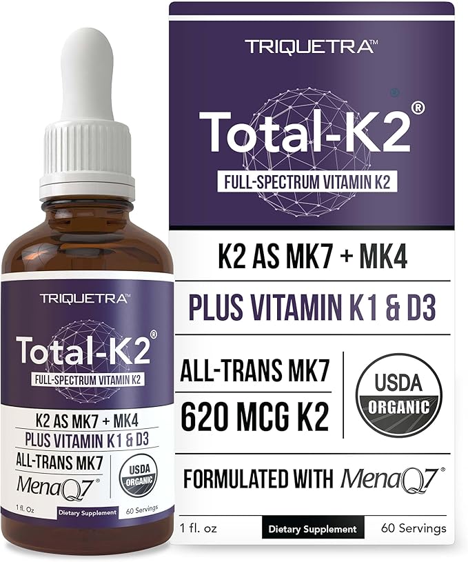 Total K2® | Vitamin K2 as MK7 &amp MK4 | Plus K1 &amp Vitamin D3 Cofactor - 620 mcg K2 per Serving - All-Trans MK7 from MenaQ7® - Full-Spectrum Vitamin K - Vegan Organic Certified (Liquid 1 oz)