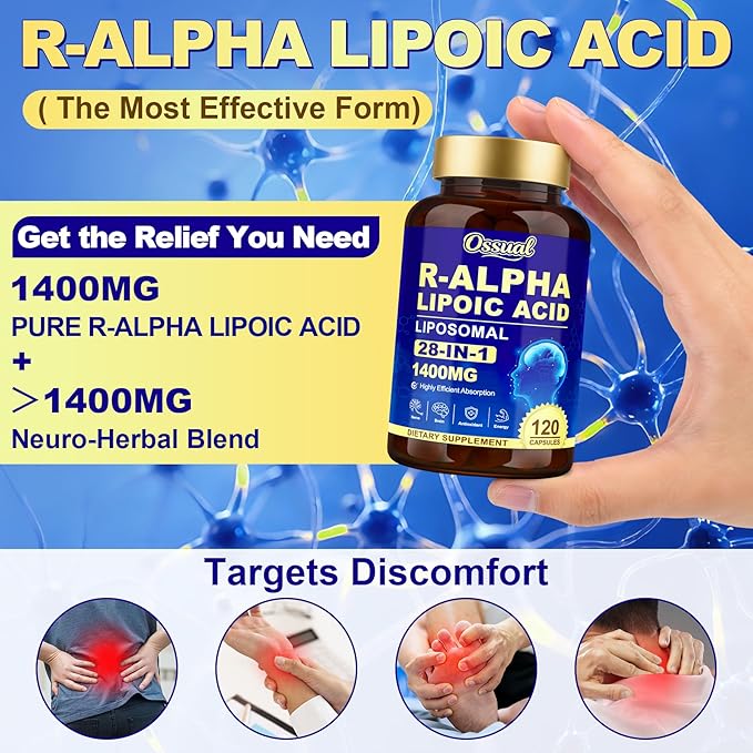 R Alpha Lipoic Acid 1400mg Neuropathy Supplements 28-in-1 Stabilized ALA Supplements with L-Carnitine NAC &amp Benfotiamine R-ALA Supplement Antioxidant for Nerve Brain Energy丨Vegan 240 Capsule