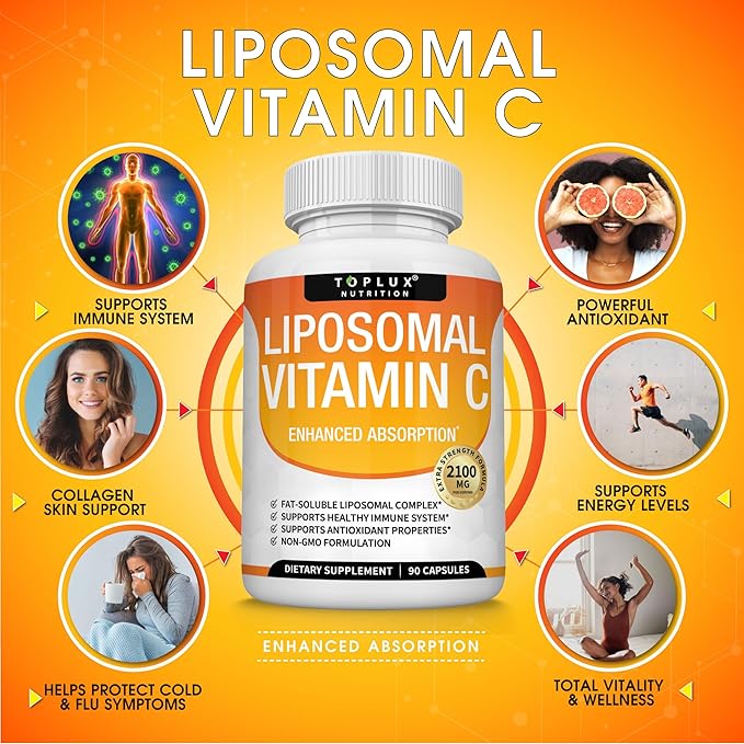 Liposomal Vitamin C 2100mg High Absorption Fat Soluble VIT C - Immune Support Collagen Booster Immunity Defense &amp Powerful Antioxidant MCT Oil &amp Sunflower Lecithin Acsorbic Acid Vegan Non-G