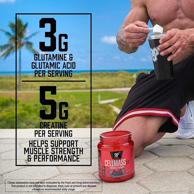 BSN CELLMASS 2.0 Post Workout Recovery with BCAA Creatine &amp Glutamine - Keto Friendly - Blue Raz (25 Servings)