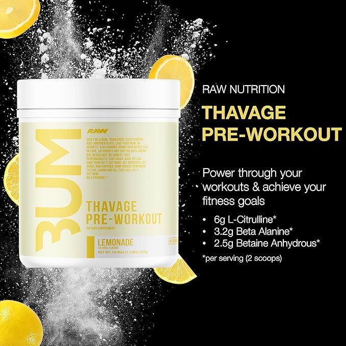 RAW Pre Workout Powder Thavage (Lemonade) - Chris Bumstead Sports Nutrition Supplement for Men &amp Women - Cbum Pre Workout for Working Out Hydration Mental Focus &amp Energy - 40 Servings