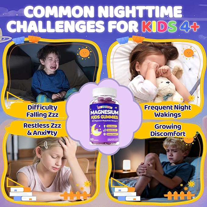 Kid’s 4+ Magnesium Glycinate Gummies: Extra Strength NO Melatonin Magnesium Bisglycinate 100mg 200mg Supplement with L-Theanine B6 D3 Omega3 for Overall Health - Zzz Aid for Kids(120Count)