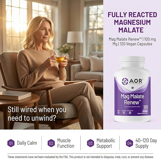 AOR Mag Malate Renew 120 Vegan Capsules 40-120 Day Supply Magnesium Malate with Malic Acid for Daily Wellness Muscle Function &amp Relaxation Support