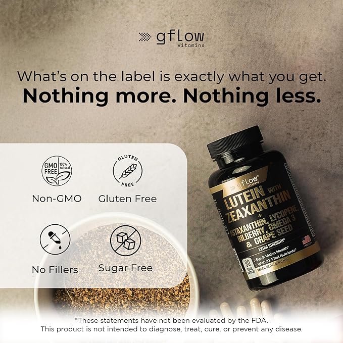 gflow vitamins Lutein and Zeaxanthin Supplements - Advanced Eye Vitamins with Astaxanthin Omega 3 Resveratrol Bilberry Lycopene Quercetin Ginkgo Biloba Vitamin D | Health Vision | Made in USA
