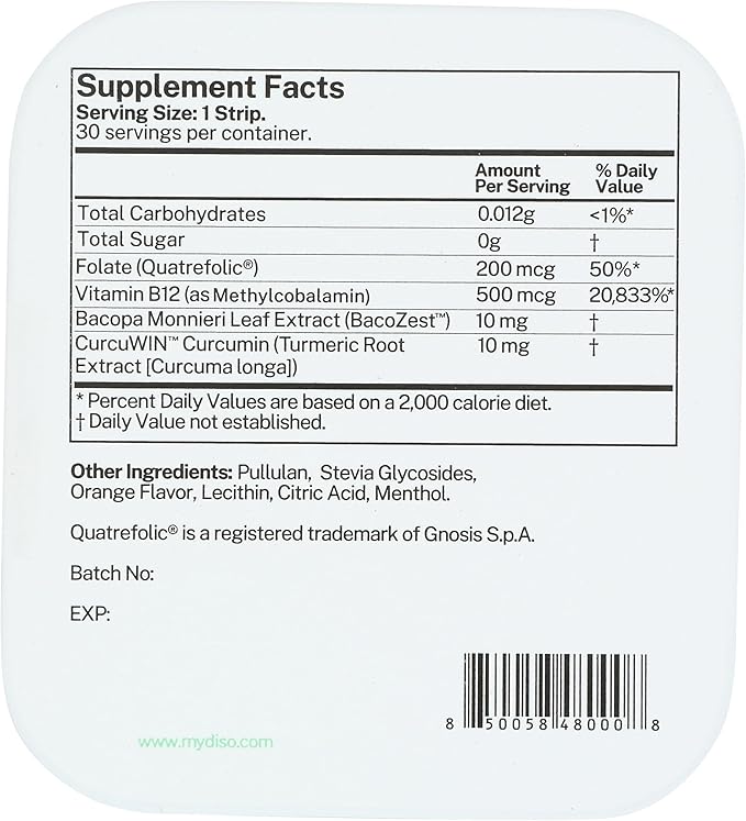 DISO - Vitamin B12 - Fast-Dissolving Oral Strips for Tiredness and Fatigue Orange Mint Flavor Vegan Sugar Free Maximum Absorption Gluten Free Individually Wrapped 30 Dissolvable Strips