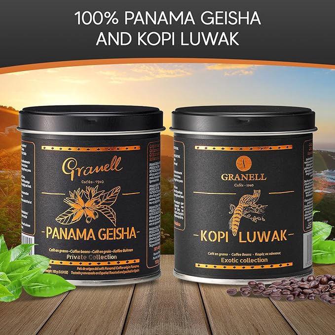 Cafés Granell – Kopi Luwak + Panama Geisha Coffee | Exotic Collection | Fresh Whole Gourmet Beans | Quality Controlled | 100% Arabica Coffee-Premium Medium Roast | 3.53oz