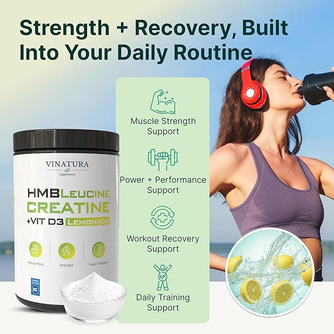 VINATURA HMB Creatine Leucine Powder - 5g Creatine Monohydrate 3g HMB Supplement 3g L-Leucine - Vitamin D3 Vegan Lemonade Flavor Muscle &amp Strength Support - 30 Servings