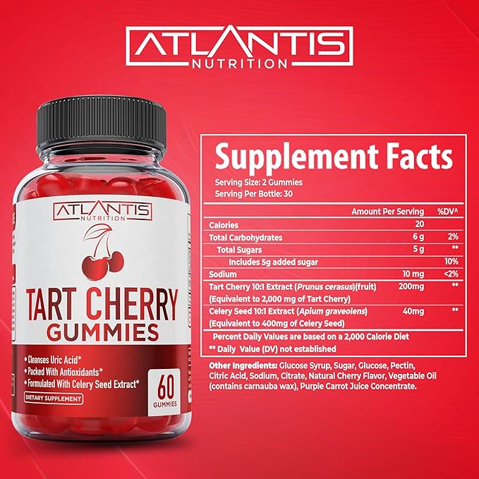 Atlantis Nutrition Tart Cherry 60 Gummies + Sugar Free Prebiotic Fiber Gummies for Adults 2-Pack (120 Gummies)