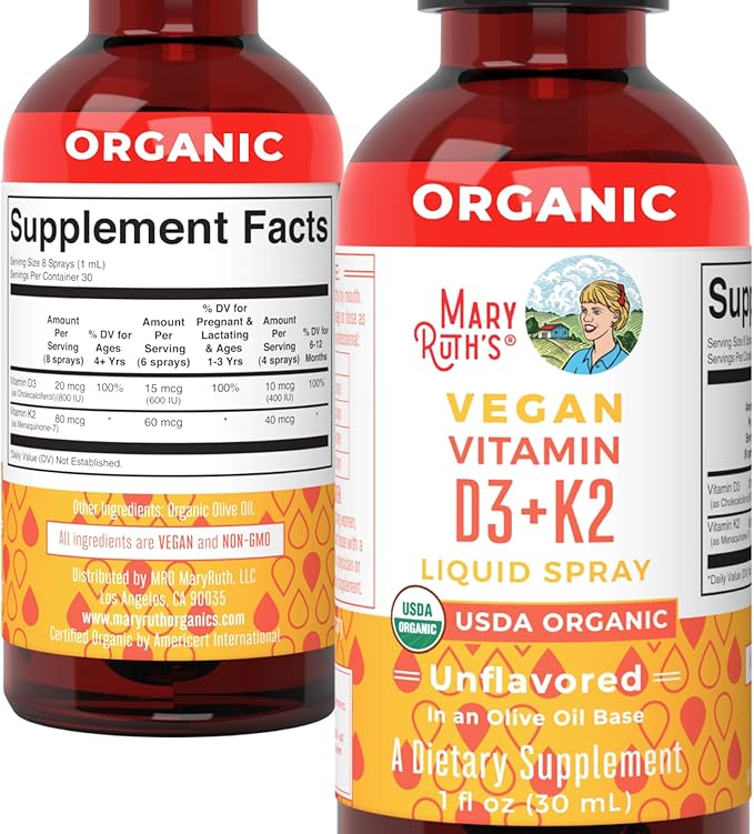 MaryRuth's Organic D3 + K2 Spray for Adults &amp Kids for Bone Health | Vitamin D3 as Cholecalciferol | Vitamin K2 | Immunity | Mineral Absorption | Heart Health | Vegan | Non-GMO | Gluten Free | 1 F
